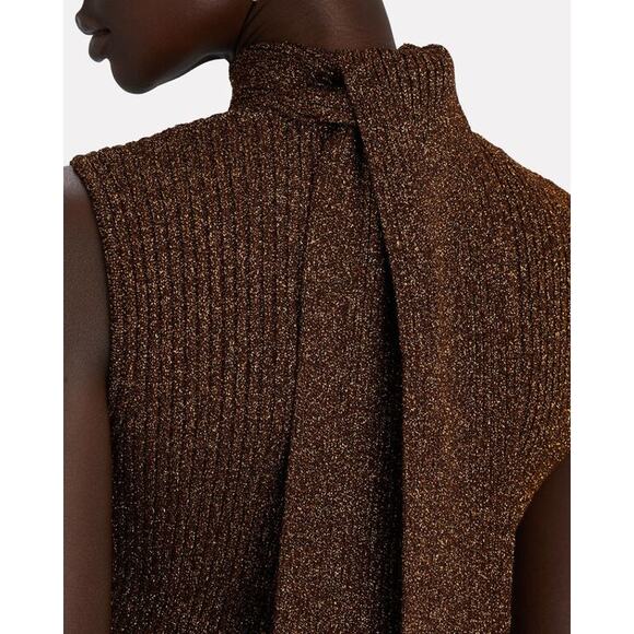 Ganni Metallic Rib Knit Tie Back Top Womens Size XL Gold Black NWT Retail $ 225 - Picture 2 of 16